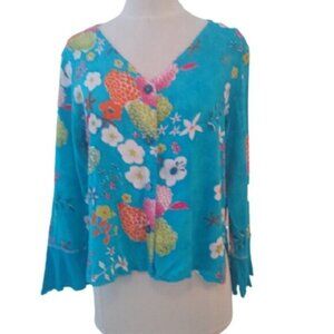 Tropical Mix Resortwear Embellished Blouse, Turquoise/Multi, Size Medium